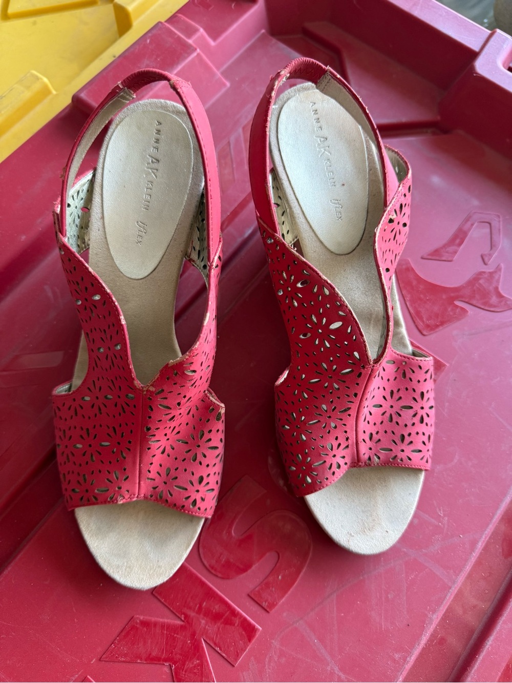 Anne Klein Red Laser-Cut Peep-Toe Slingback Sandals